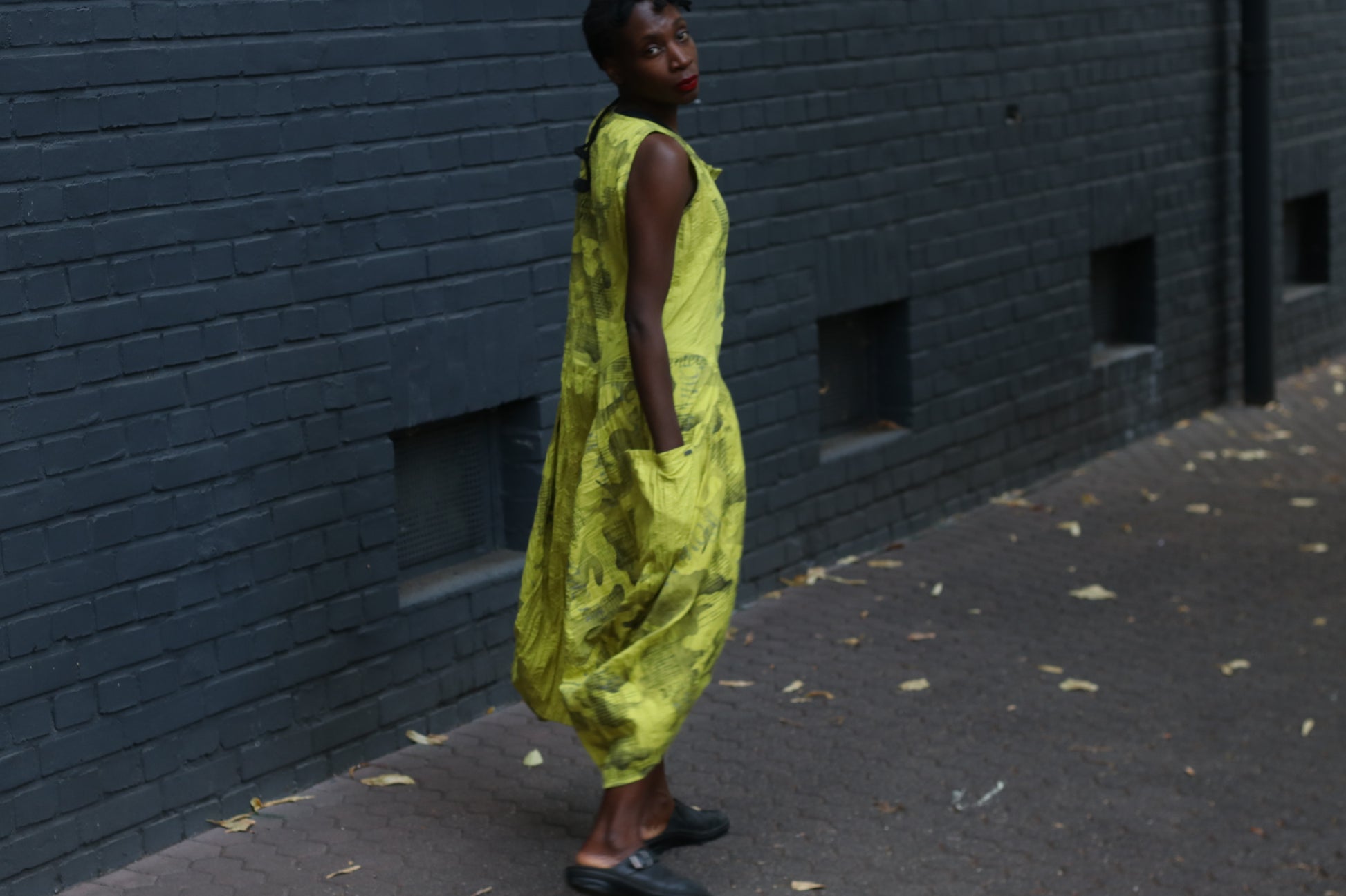 Yellow Avant-Garde Newspaper Dress - 90s Printed Balloon Midi - M/L