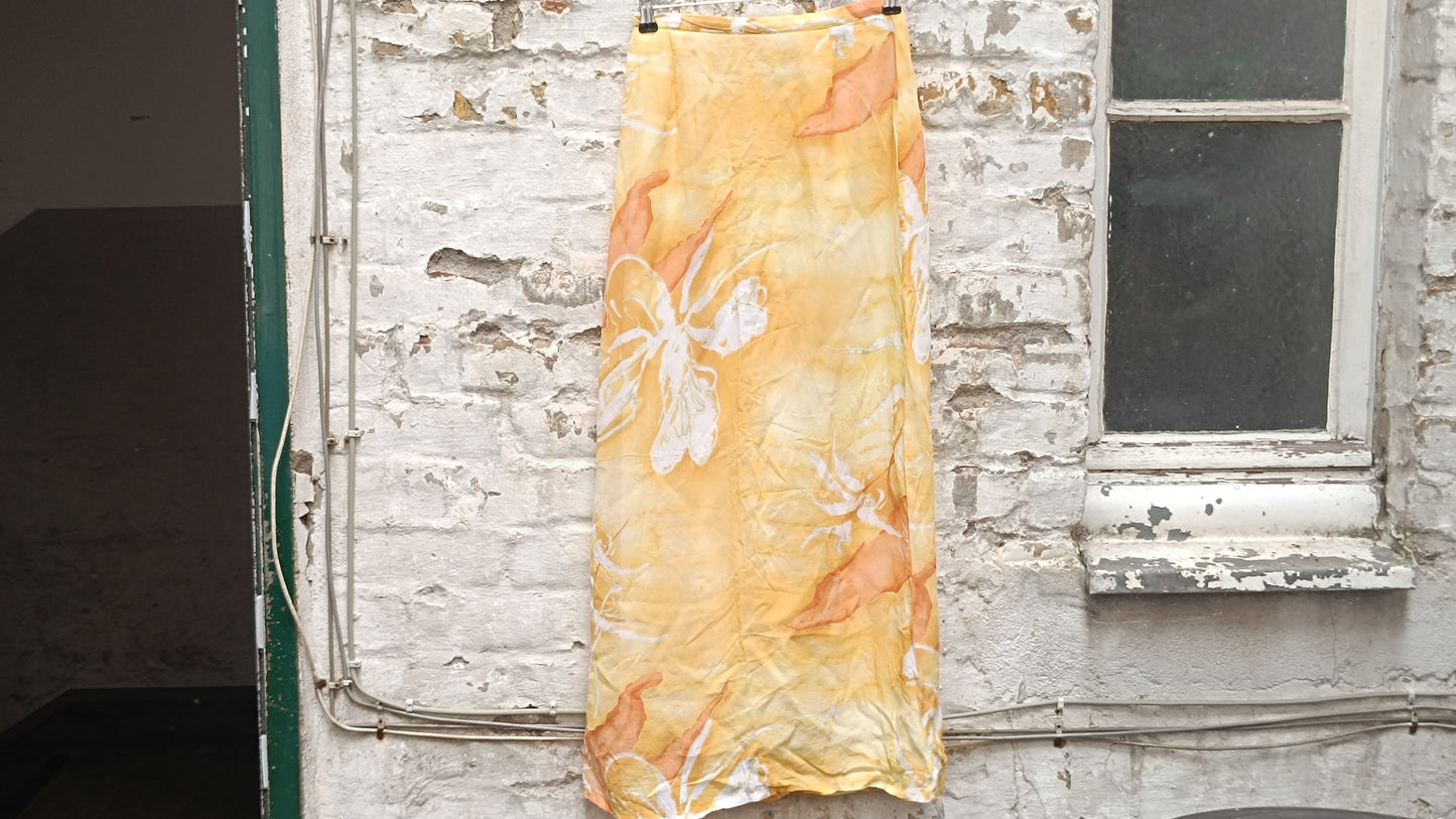 Vintage 90s Yellow Floral Maxi Skirt - Retro Floral Silk Slip Skirt