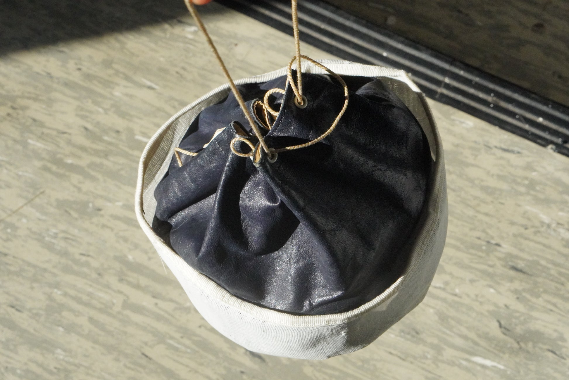 Vintage 70s Navy Leather Bucket Bag | Canvas Base Drawstring Pouch