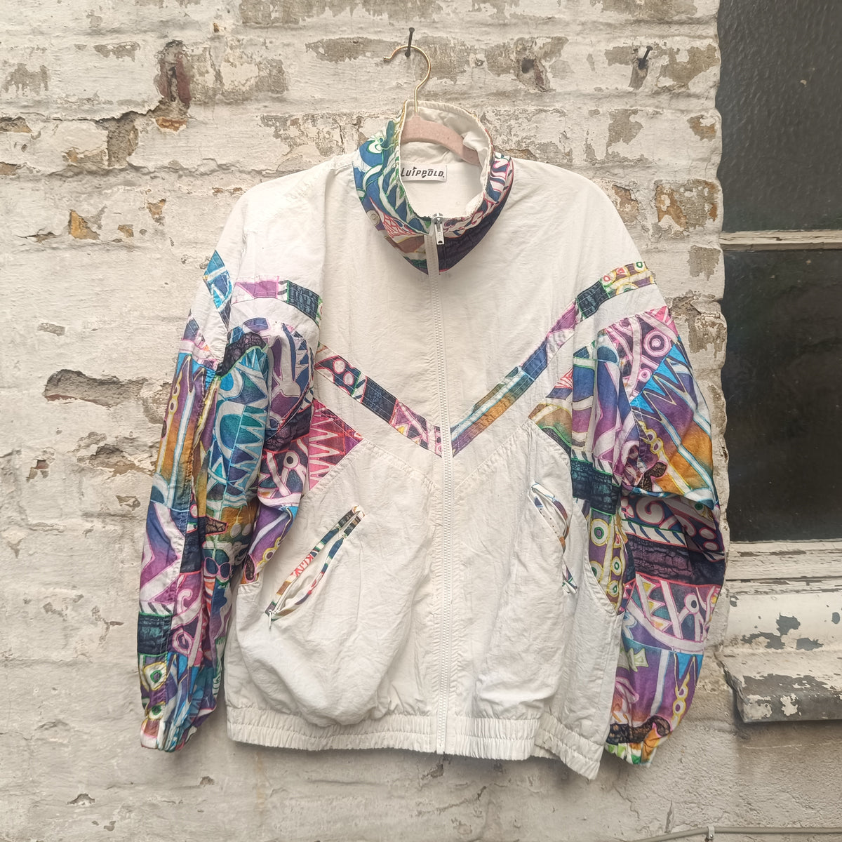 80s Vintage Track Jacket - Abstract Pattern White Windbreaker | M/L