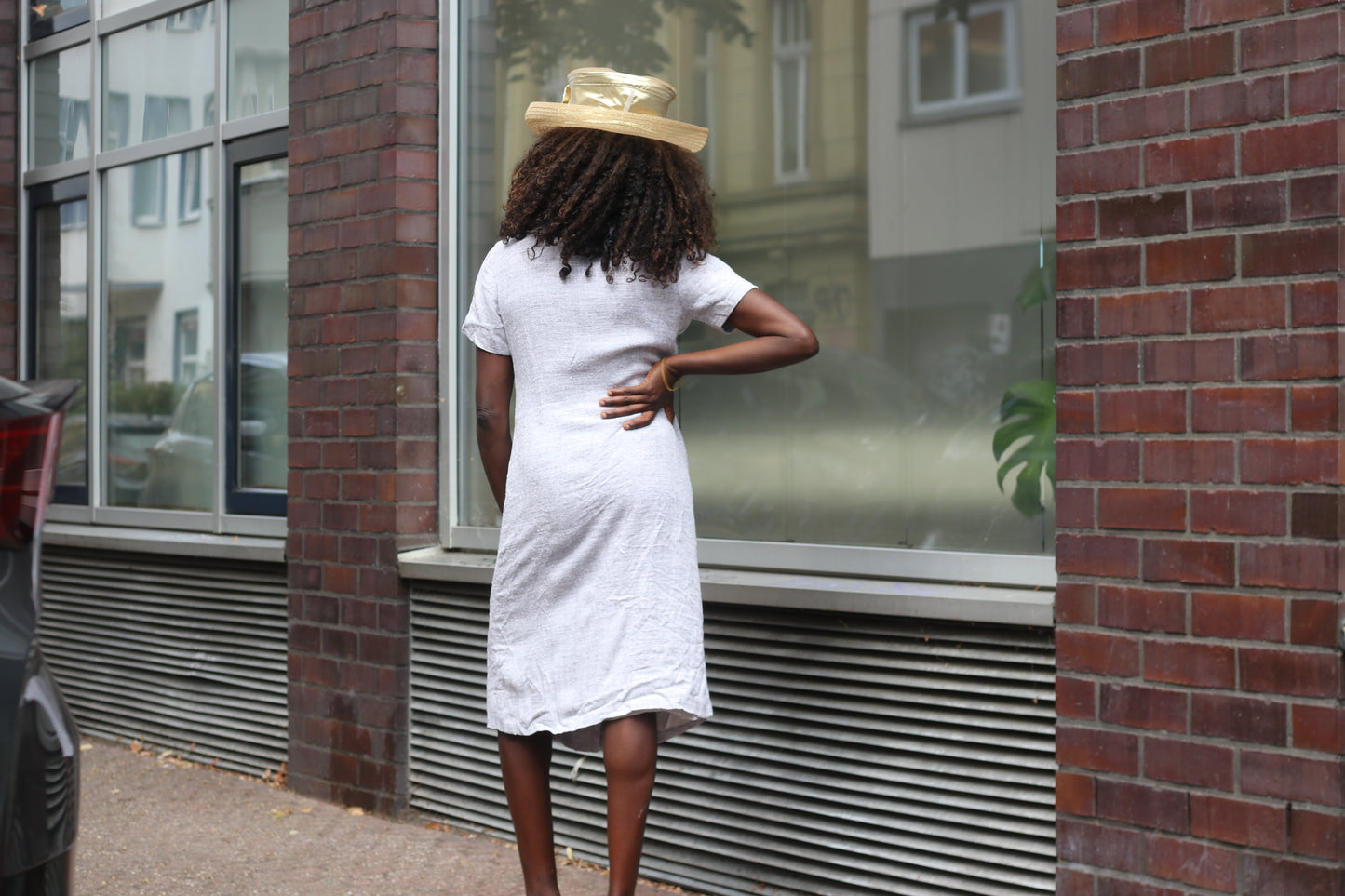 Linen Look Dress | 70s Vintage Double Breasted Midi | Light Grey S/M