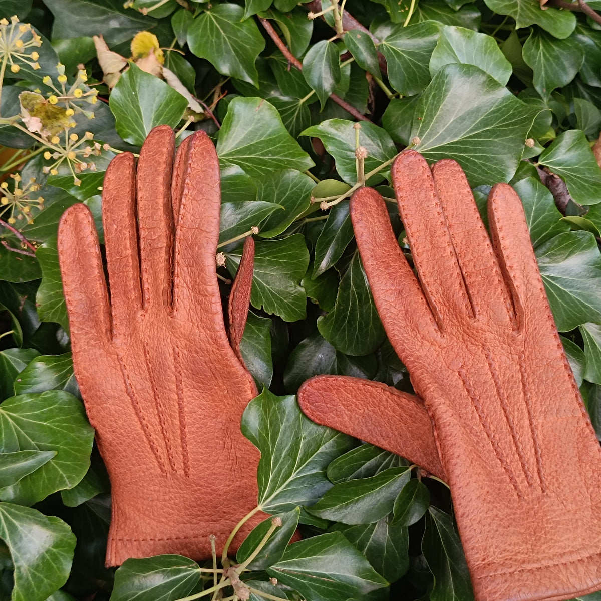 Vintage Tan Leather Gloves | 70s Retro Cognac Grainy Hide Warm Accessories | S Xs