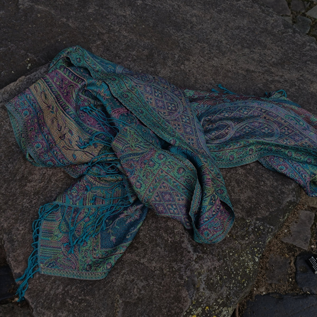 Teal and Purple Paisley Patterned Scarf with Fringe