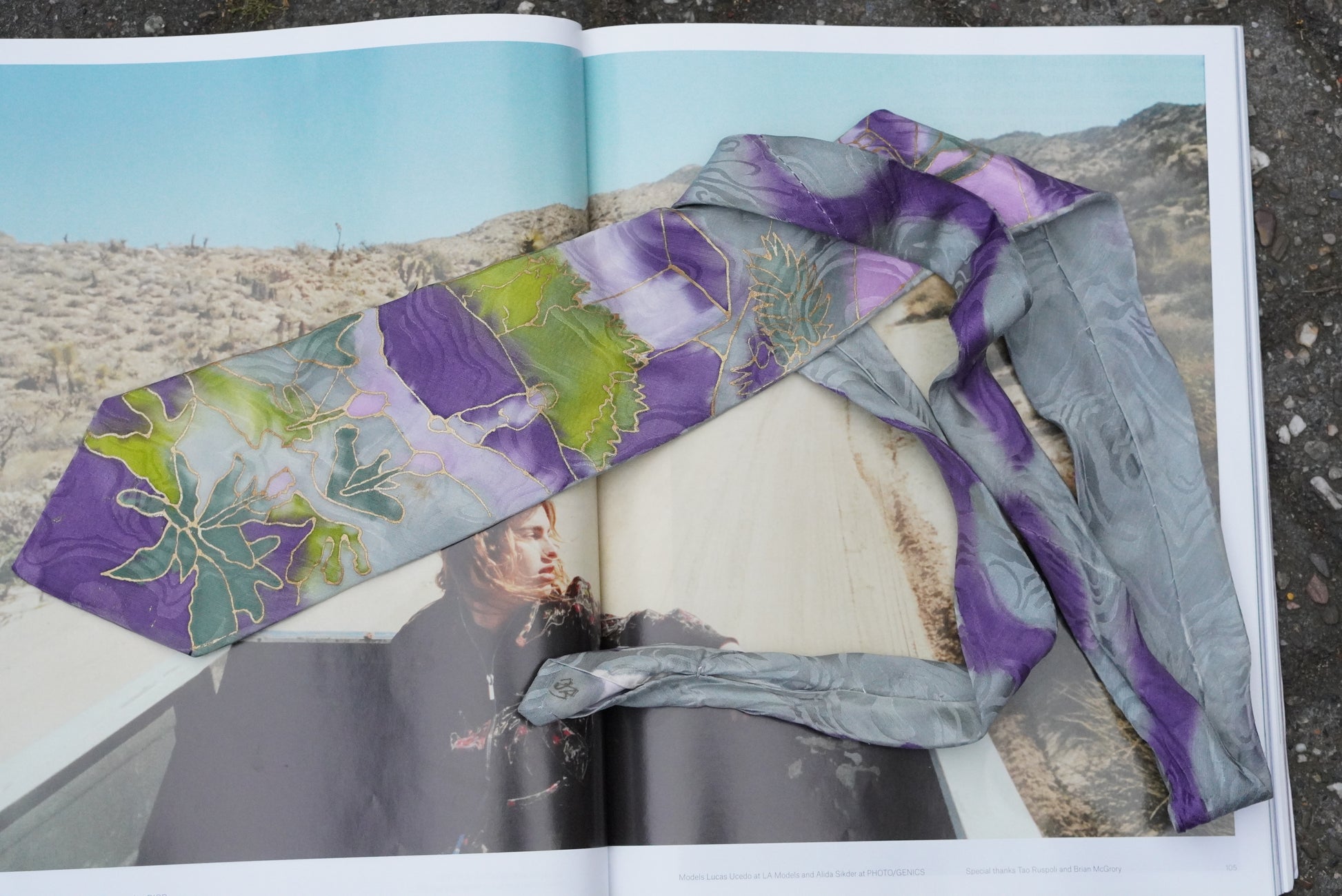 Vintage 100% Silk Tie Hand Painted Abstract Floral Purple Green Gray Art Wear Necktie