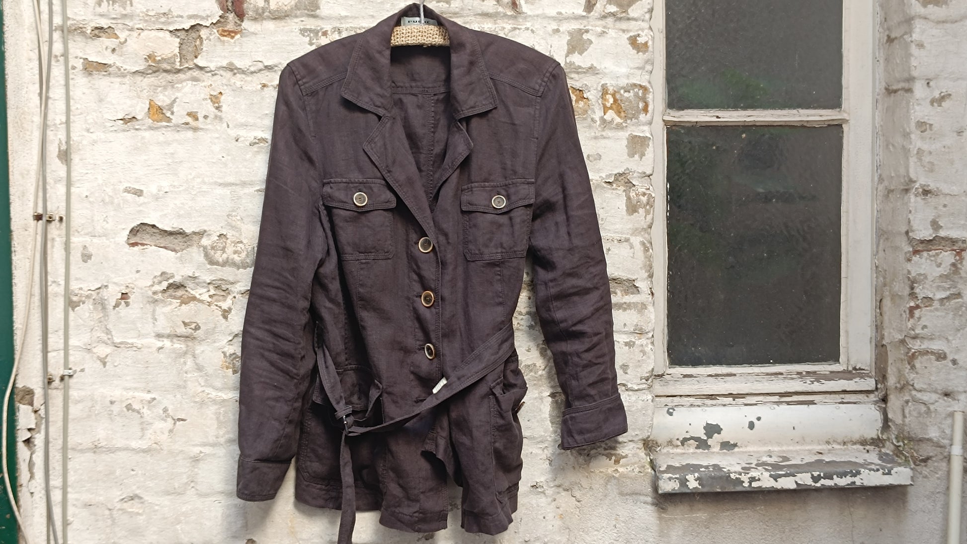 Vintage 90s Charcoal Grey Linen Safari Jacket - Public Utility Coat