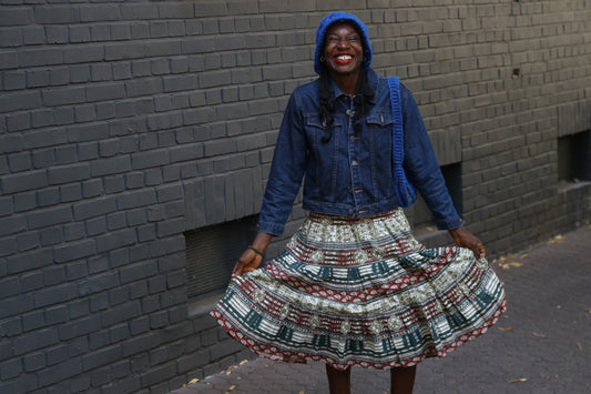 Boho Tiered Midi Skirt - Vintage Y2K Printed Cotton - Multicolor | S