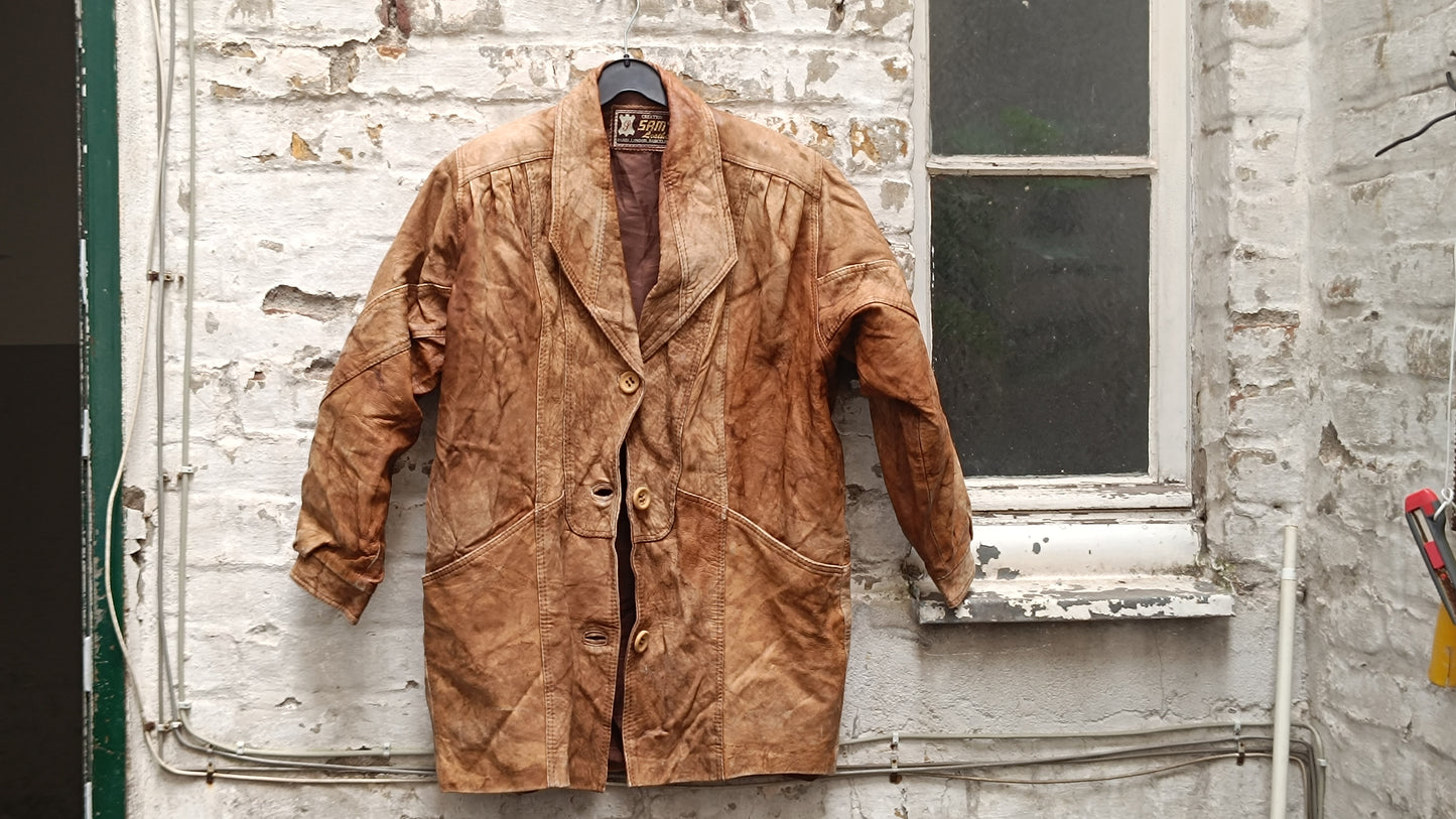 Creation SAM Leather Vintage 80s Tan Patchwork Coat - Retro Long Jacket