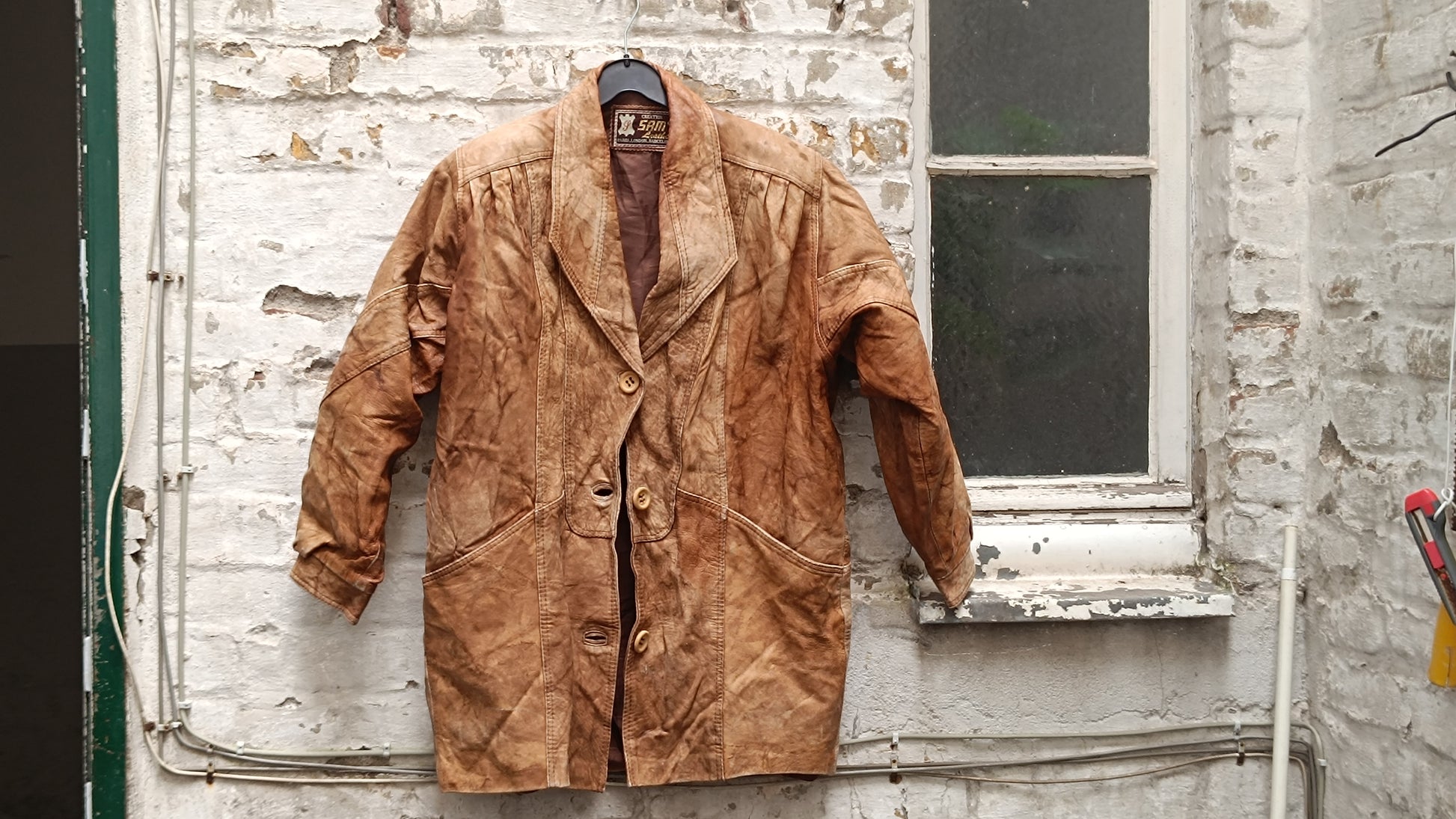 Creation SAM Leather Vintage 80s Tan Patchwork Coat - Retro Long Jacket