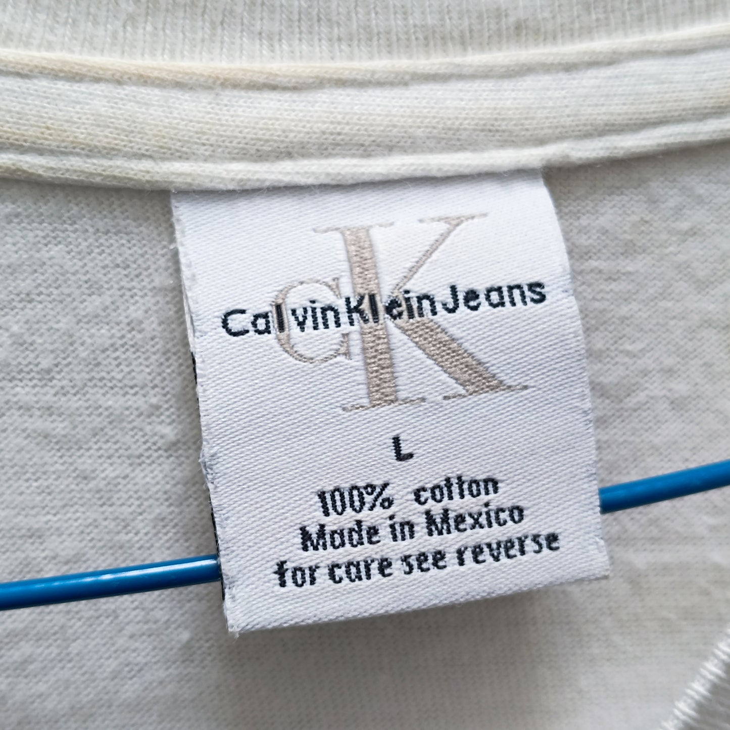 Vintage 90s Calvin Klein Jeans Tee L Cream Beige cK Big Logo Single Stitch T-Shirt
