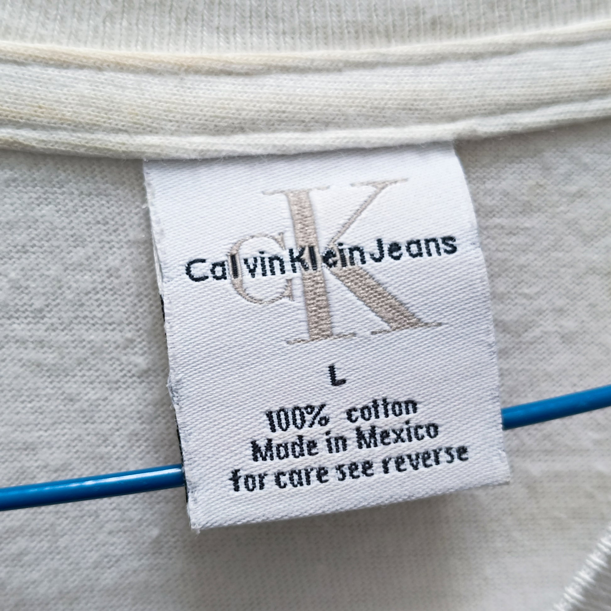 Vintage 90s Calvin Klein Jeans Tee L Cream Beige cK Big Logo Single Stitch T-Shirt