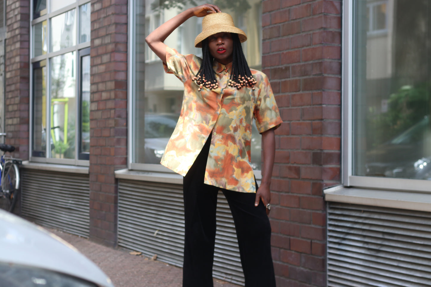 Vintage 1980s Silk Blouse Abstract Earthy Camo Print Short Sleeve Button Up Shirt