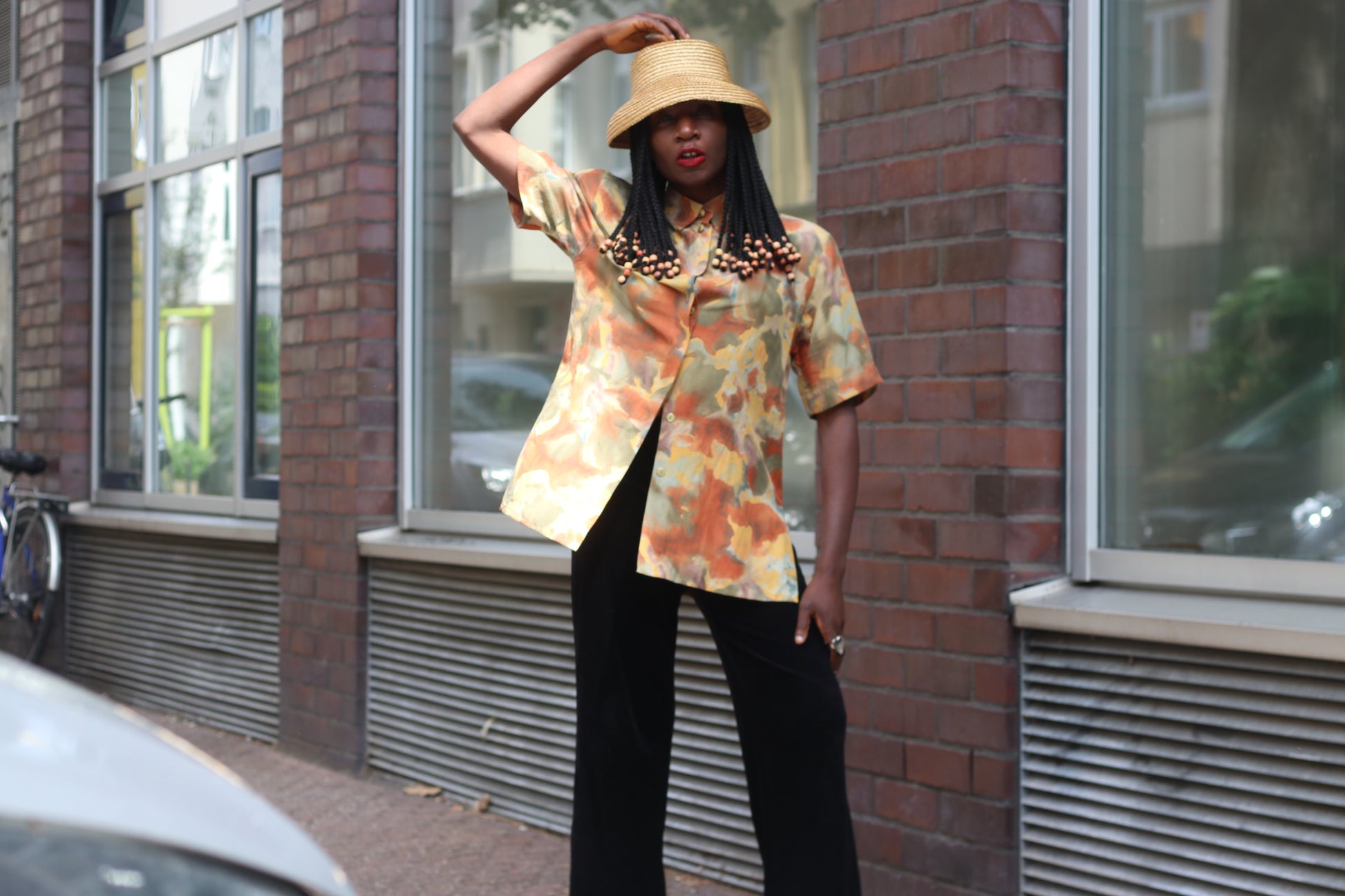 Vintage 1980s Silk Blouse Abstract Earthy Camo Print Short Sleeve Button Up Shirt