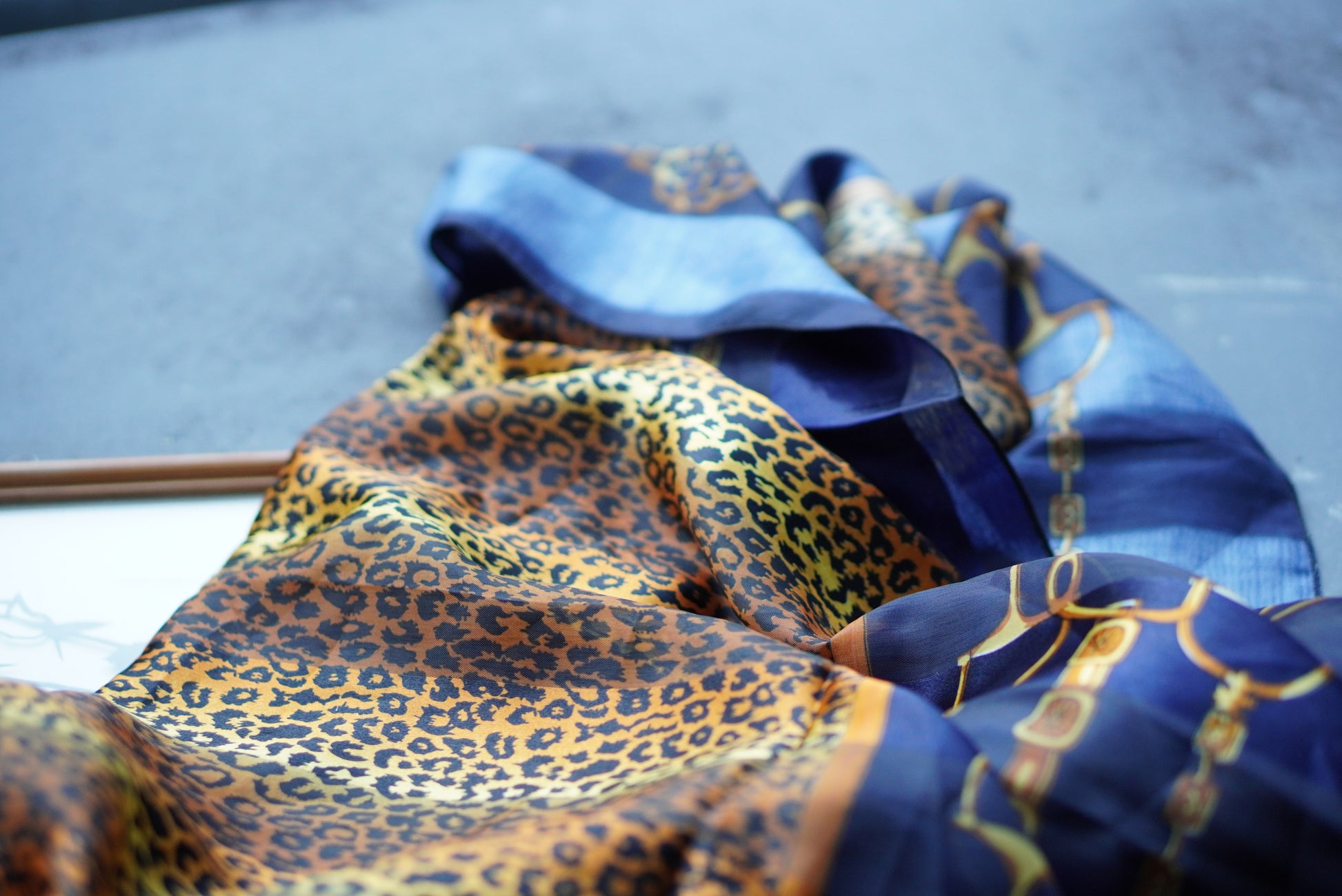 Vintage 80s Equestrian Leopard Scarf Navy Gold Chain Horse Bit Satin Foulard