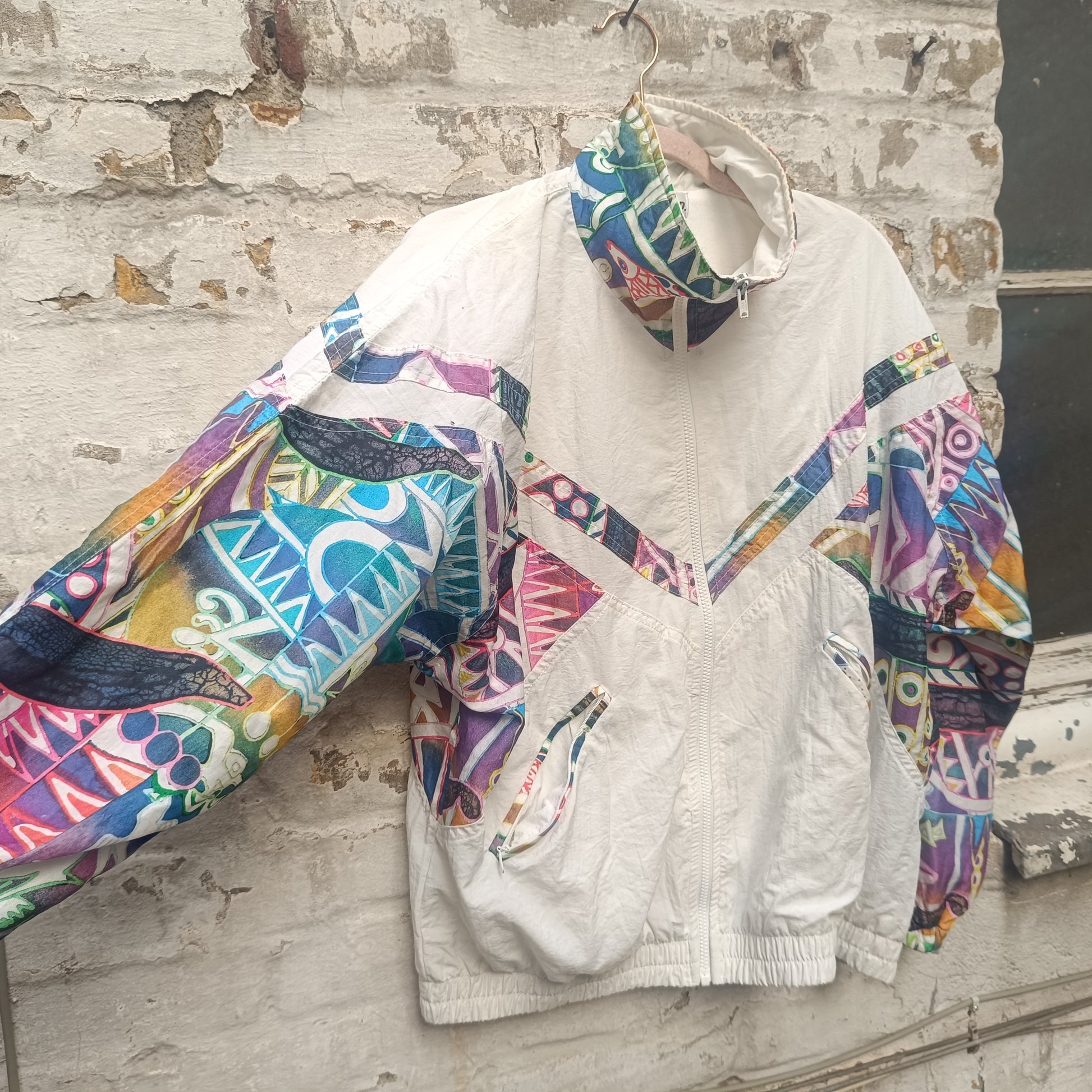 80s Vintage Track Jacket - Abstract Pattern White Windbreaker | M/L
