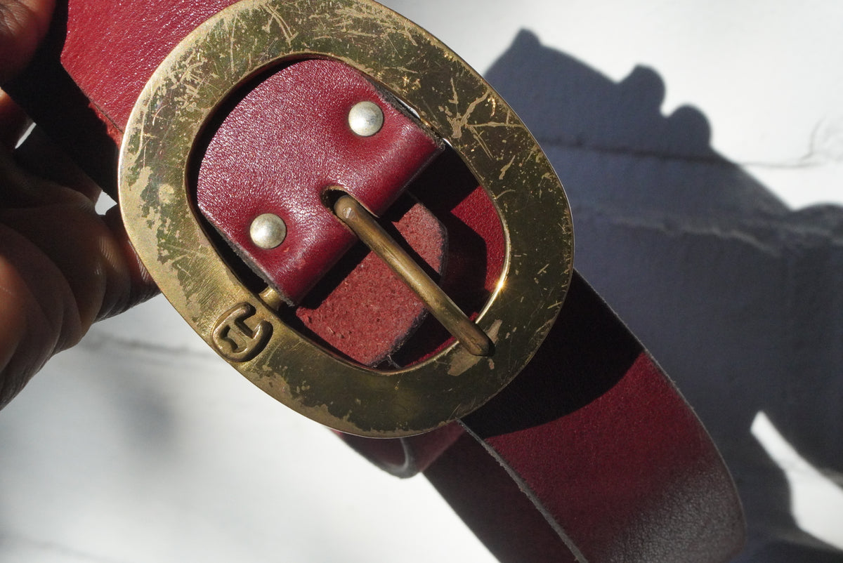Vintage Leather Belt 70s Red Oval Buckle | Retro Statement Belt M
