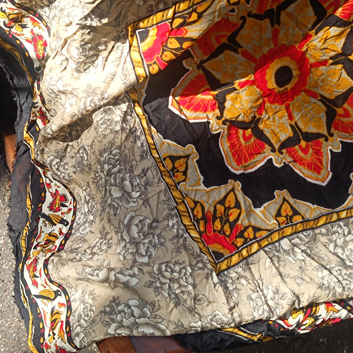 Marc Rozier Paris Vintage Scarf - Floral Mandala Wool Blend Wrap - Black Gold