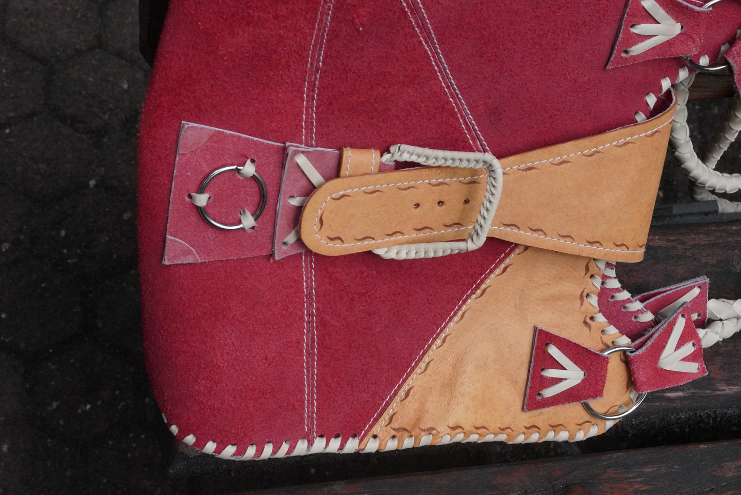 Vintage 70s Patchwork Suede Shoulder Bag - Red Boho Crossbody Purse