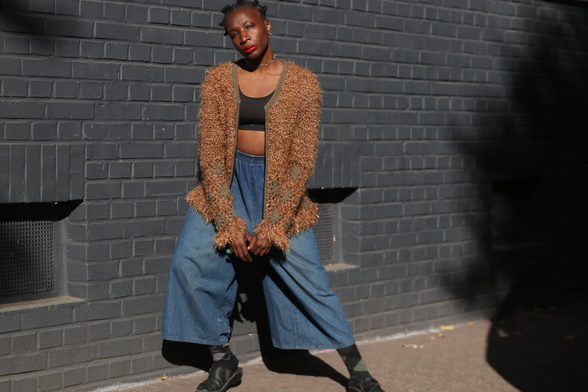 Vintage Brown Fuzzy Knit Cardigan | Y2K Crochet Trim Zipper Sweater XL