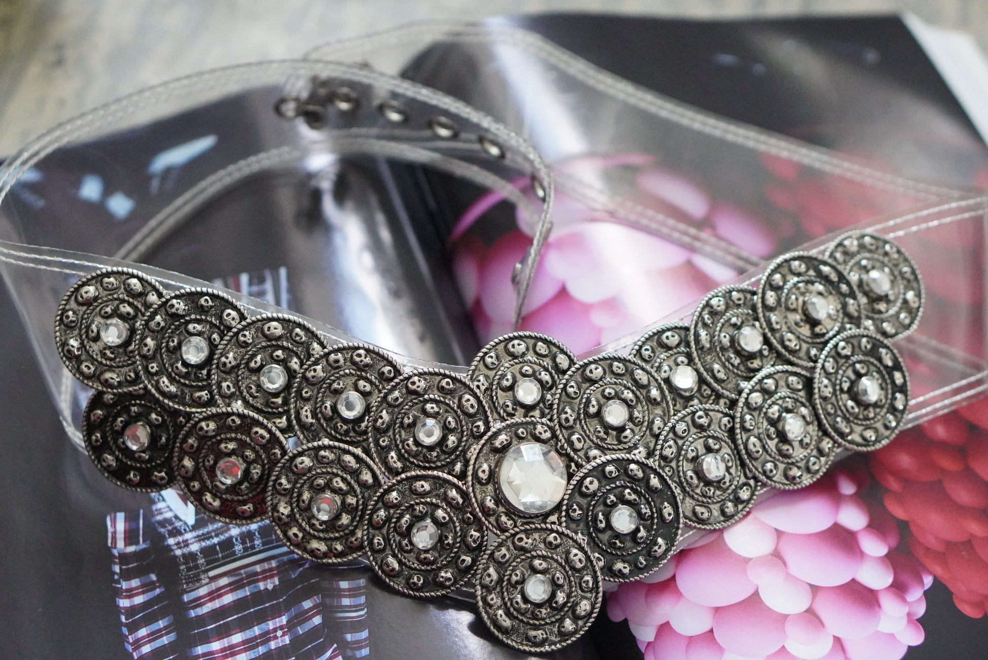 Jose Cotel 1985 Vintage Clear Vinyl Belt - French Medallion Waist Belt