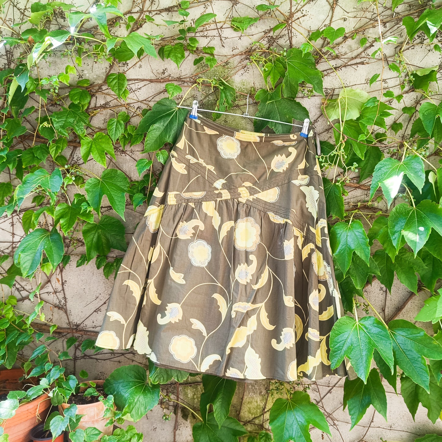 Floral Midi Skirt - Vintage 2000s Y2K Mexx Olive Green - Fits XS S