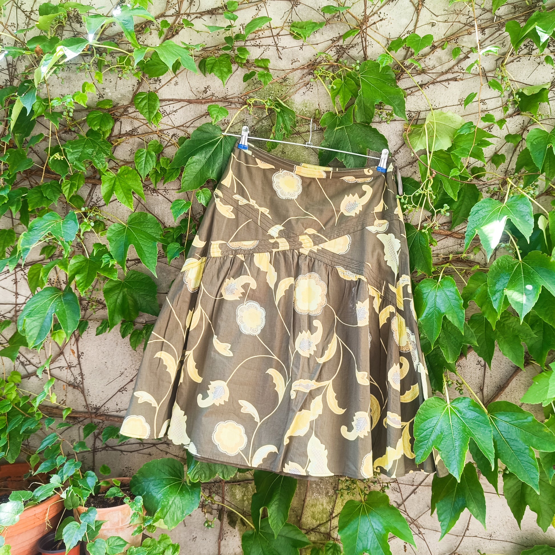 Floral Midi Skirt - Vintage 2000s Y2K Mexx Olive Green - Fits XS S
