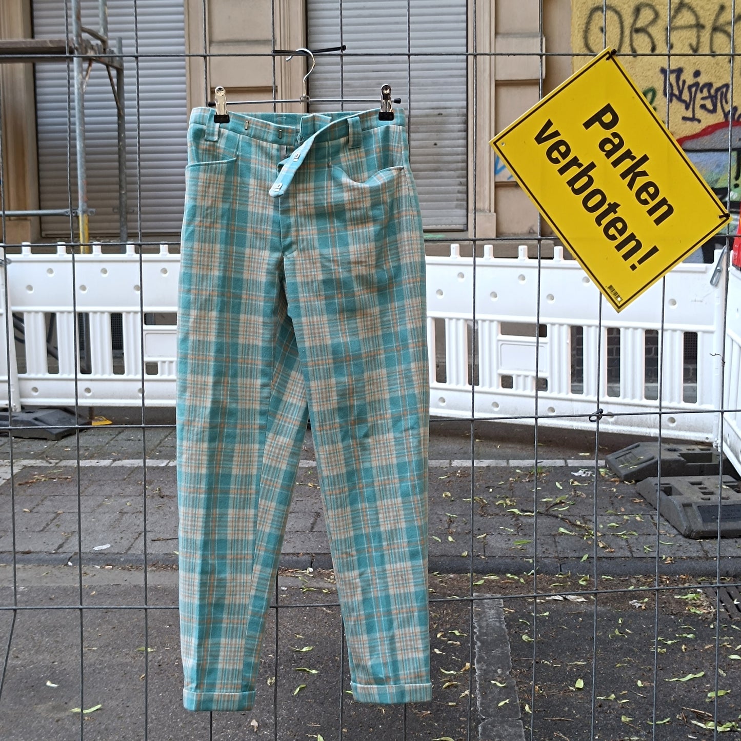 Vintage 70s Plaid Trousers | Turquoise High Waist Check Pants