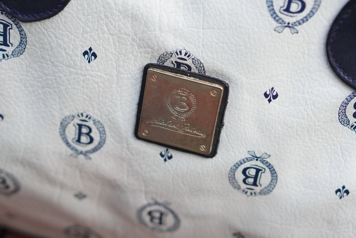 Vintage Michael Bocheim Monogram Boston Bag | 90s Chic Cream & Navy Handbag