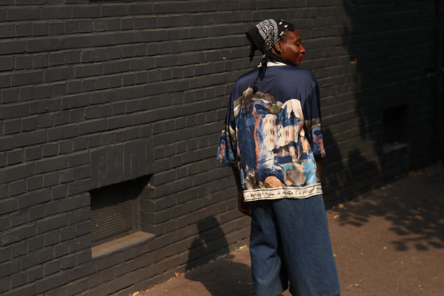 Vintage Silk Landscape Print Shirt - 90s Oversized Blue Blouse  M/L