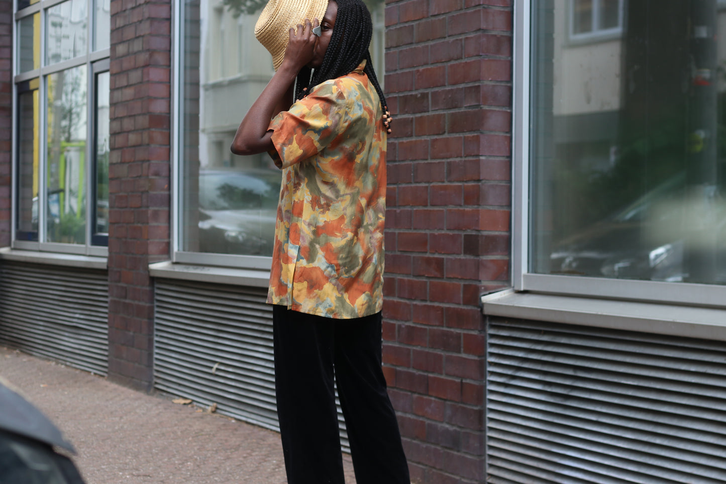 Vintage 1980s Silk Blouse Abstract Earthy Camo Print Short Sleeve Button Up Shirt