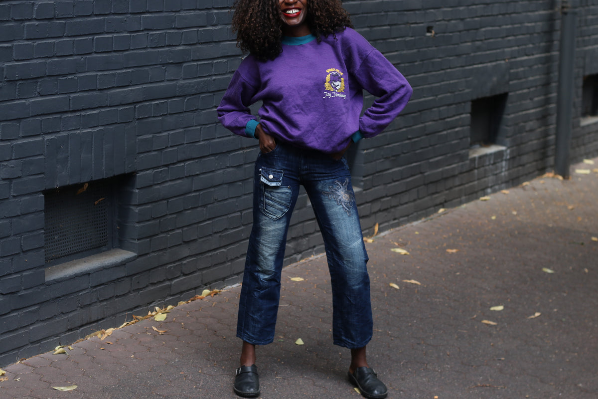 Vintage 80s Purple Sweatshirt Graphic Pullover Teal Trim - Size M