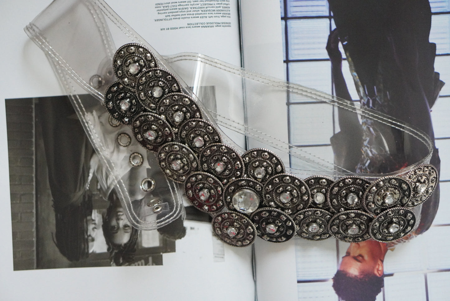 Jose Cotel 1985 Vintage Clear Vinyl Belt - French Medallion Waist Belt