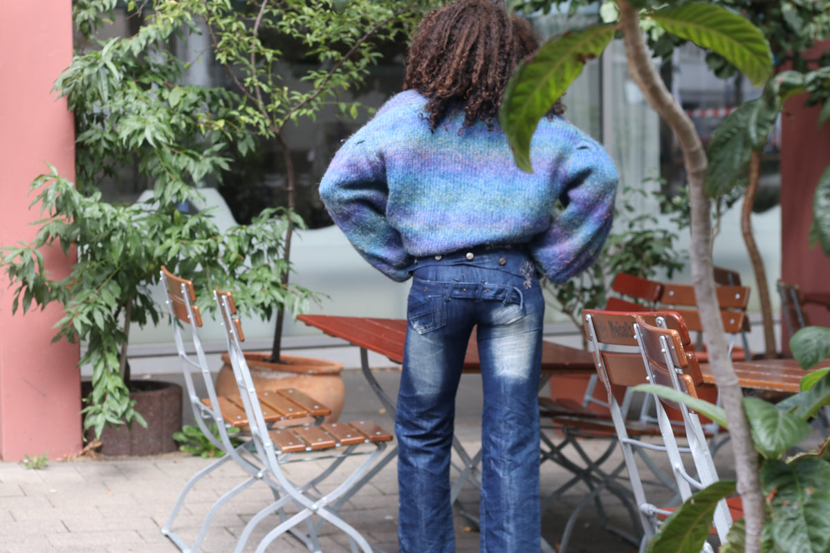 V-Neck Cable Knit Sweater | Vintage 80s Blue Puff Sleeve Jumper M