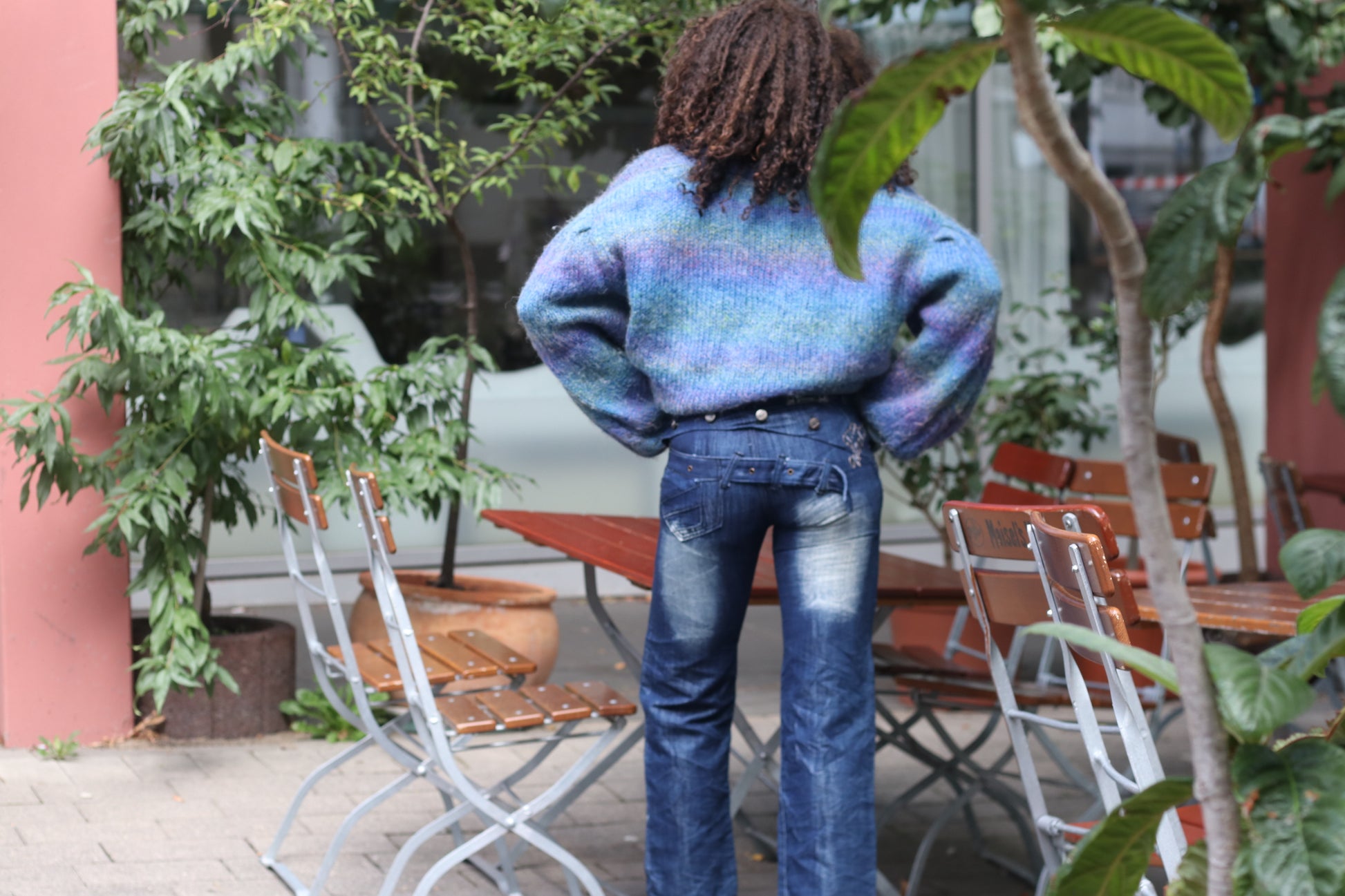 V-Neck Cable Knit Sweater | Vintage 80s Blue Puff Sleeve Jumper M