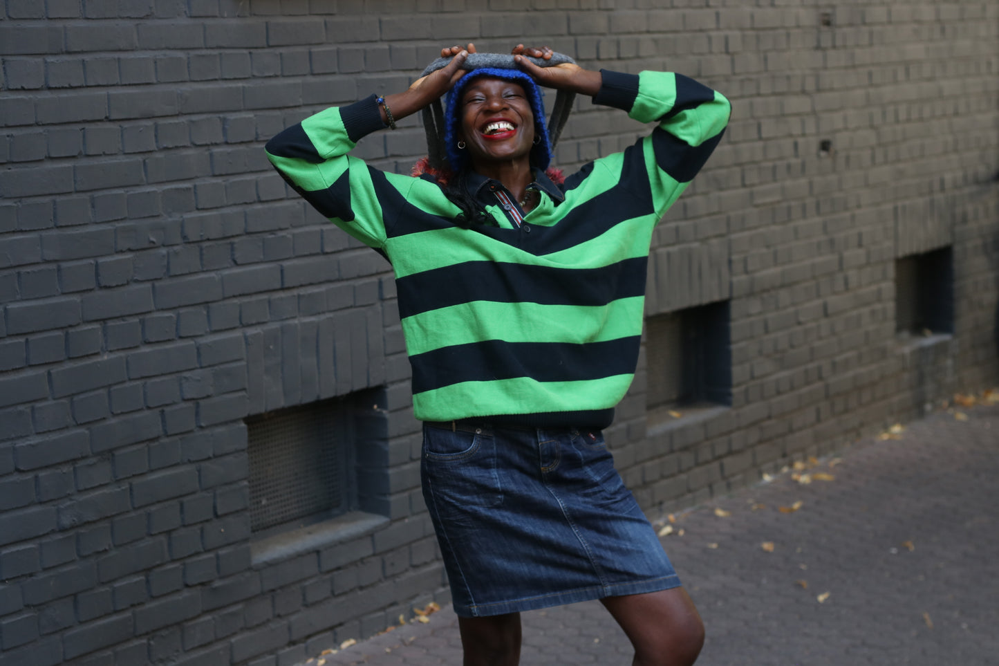 Vintage Bogner Stripe Jumper | Navy & Lime Green Cotton Knit | Fits M