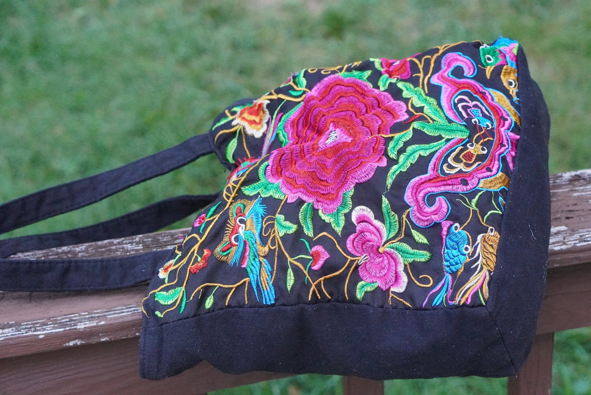Vintage Floral Embroidered Black Canvas Tote Bag - Y2K Boho Shoulder Purse