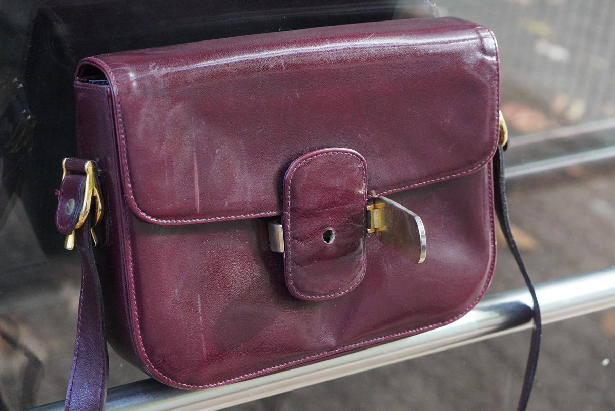 Vintage Burgundy Leather Crossbody Bag 70s Retro Shoulder Bag Classic Maroon Purse