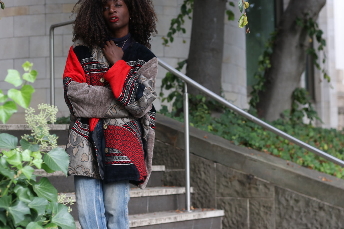Vintage Patchwork Jacket - Y2K Boho Tapestry Coat Red Black | XXL