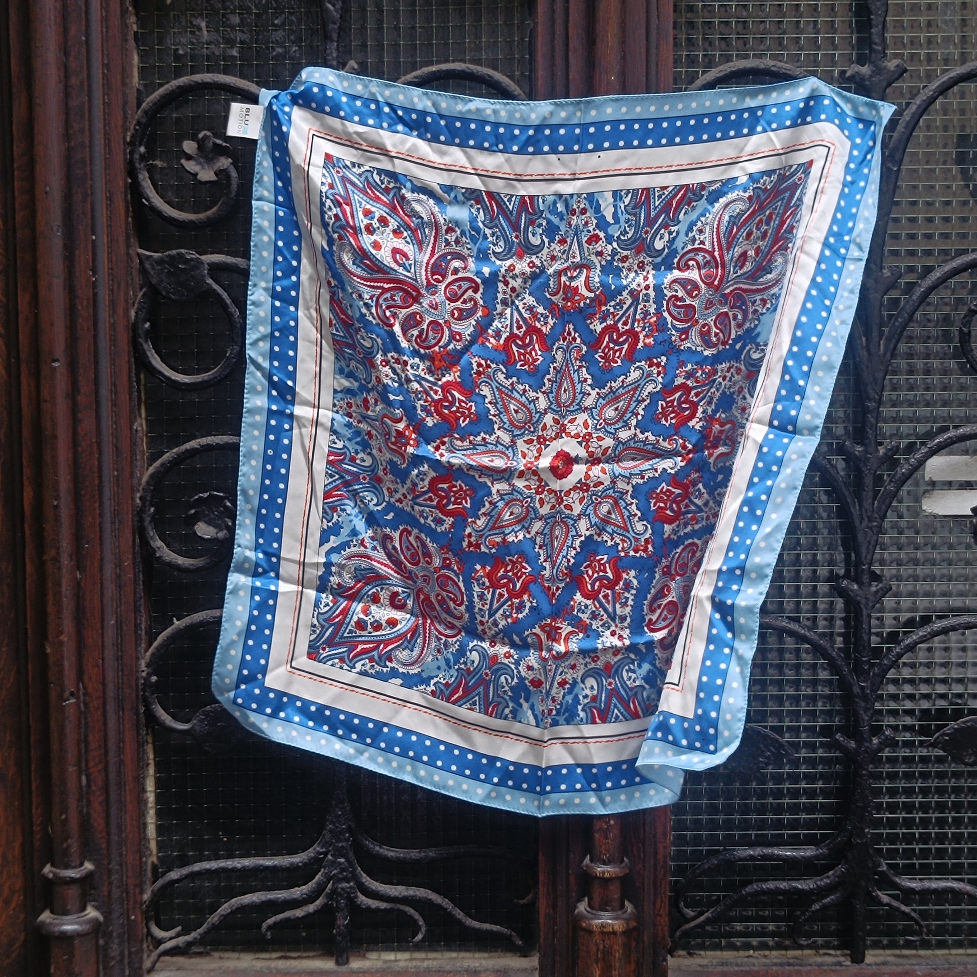 Blue Motion Vintage Silk Scarf Blue Paisley Polka Dot 1990s Square Neck Neckerchief