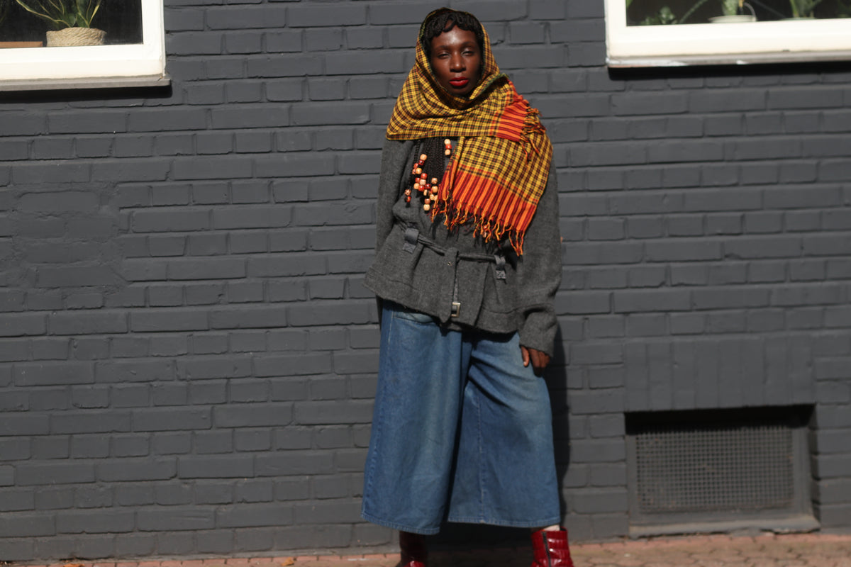 Vintage Plaid Scarf | 90s Yellow Fringe Wrap | Retro Unisex Stole