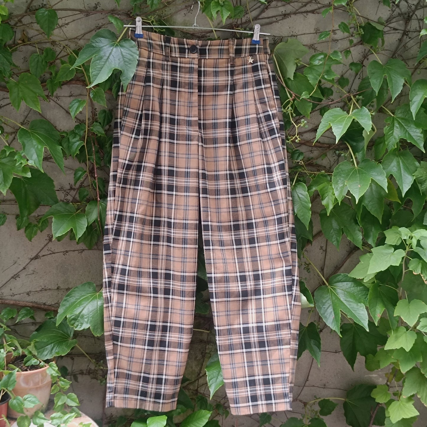 Plaid Trousers Vintage 90s Brown High Waist Pants  XS