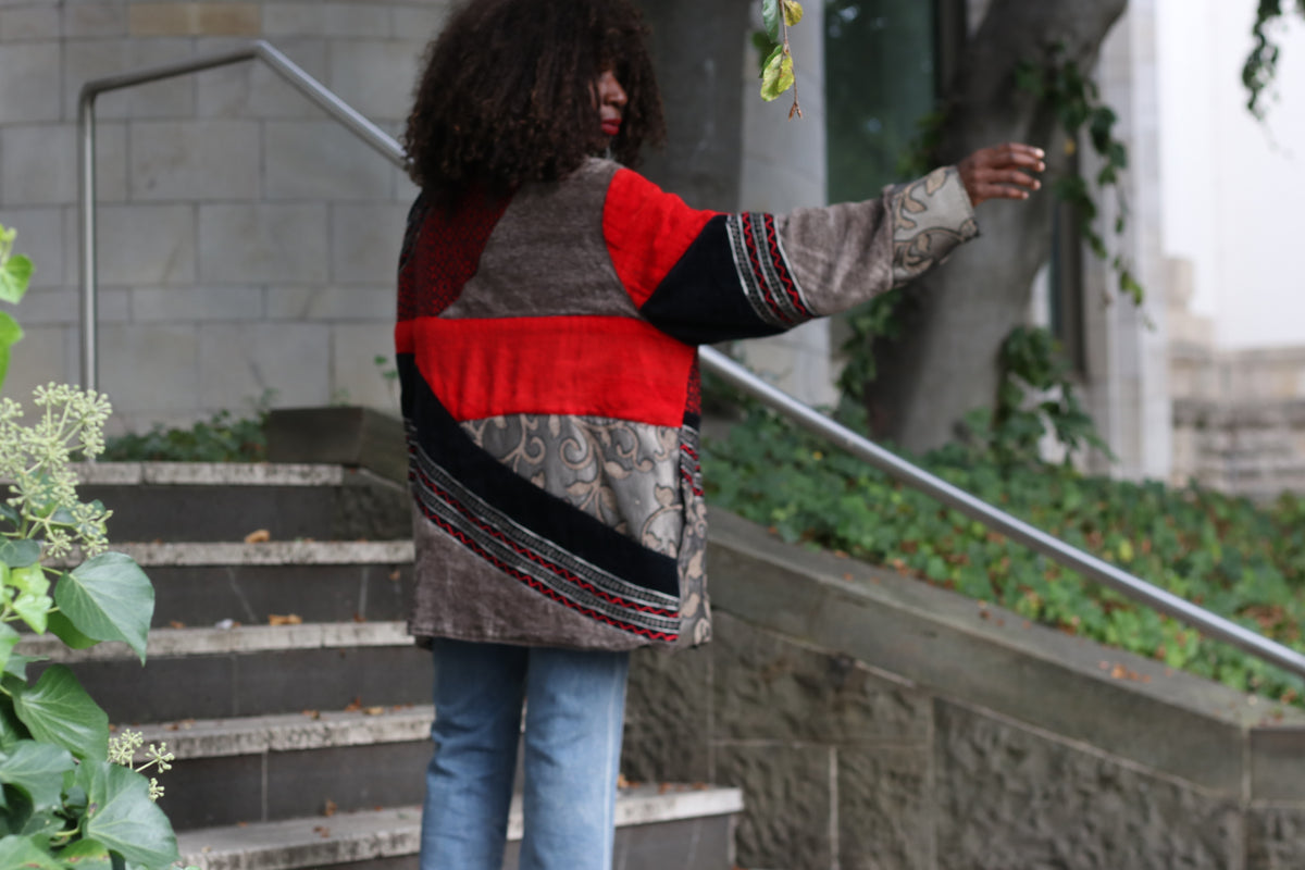 Vintage Patchwork Jacket - Y2K Boho Tapestry Coat Red Black | XXL