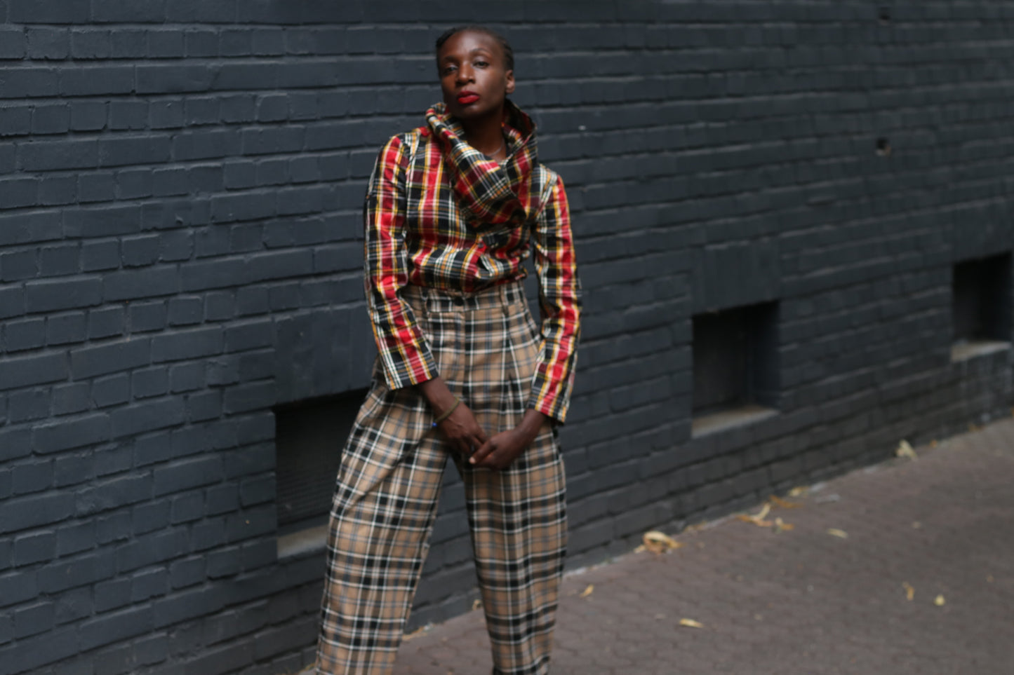 Plaid Trousers Vintage 90s Brown High Waist Pants  XS