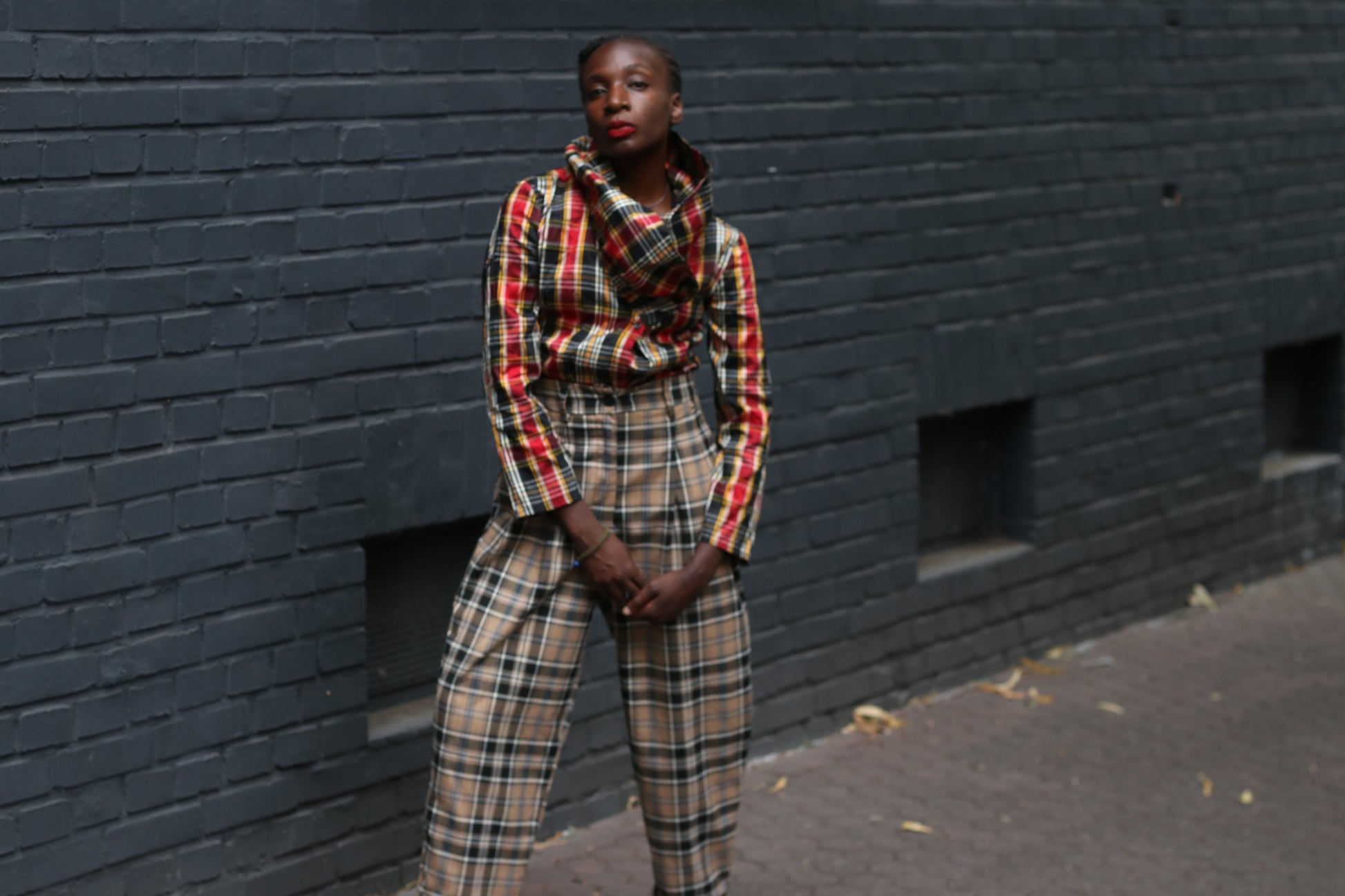 Plaid Trousers Vintage 90s Brown High Waist Pants  XS