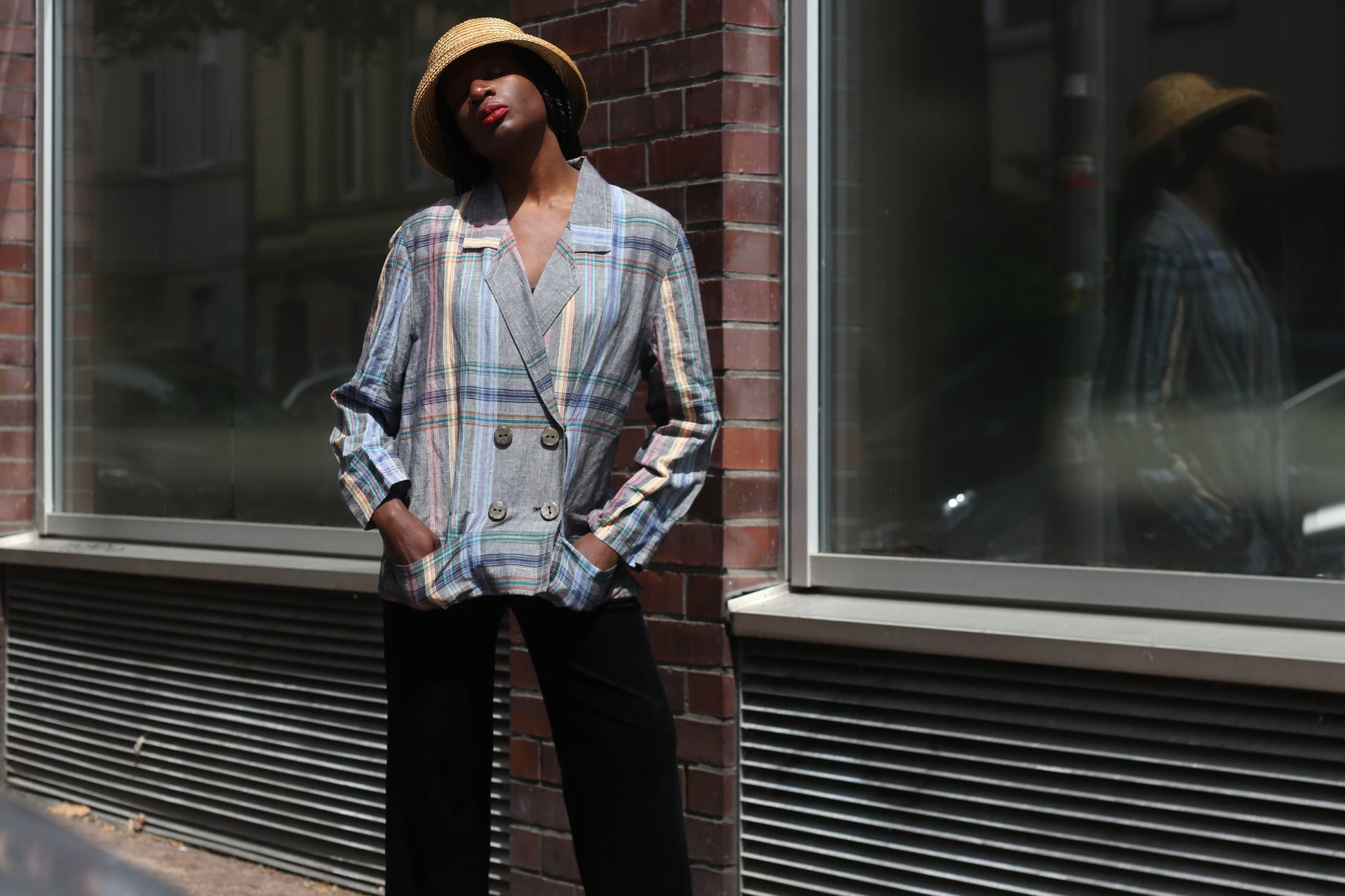 Vintage 80s Plaid Blazer Gray Tartan Check Double Breasted Light Summer Jacket