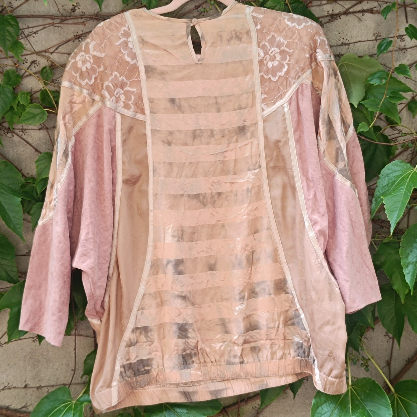 Vintage Patchwork Top 80s Batwing Blouse Beige Pink Fits M/L