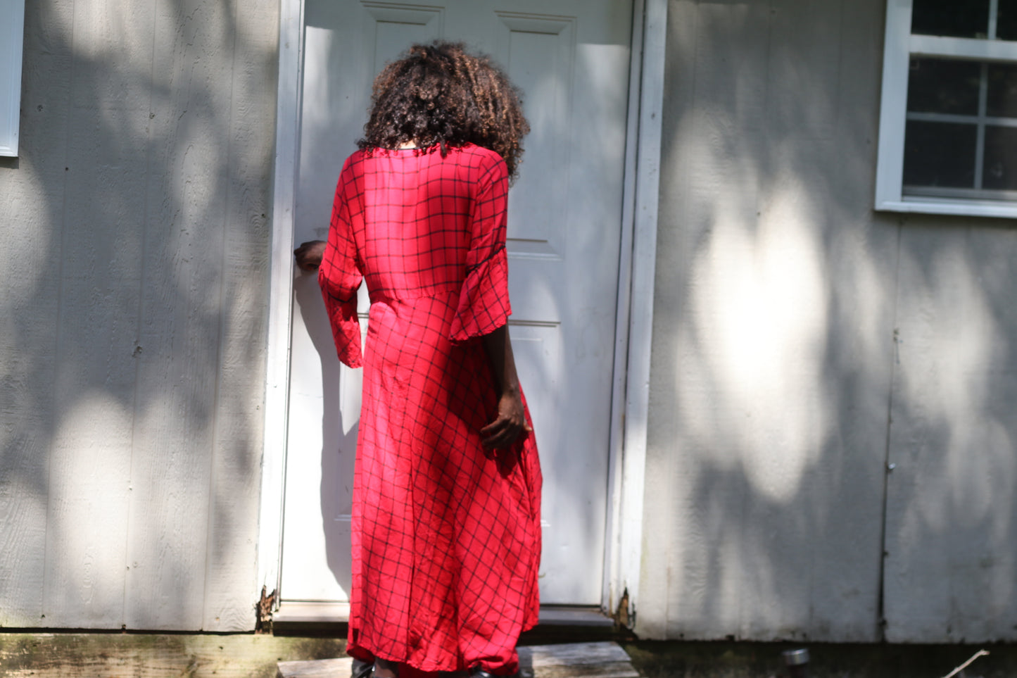 Vintage 1990s Red Plaid Bell Sleeve Maxi Dress