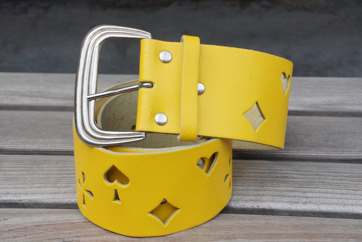 Vintage 90s Yellow Leather Belt - Playing Card Suit Cutouts