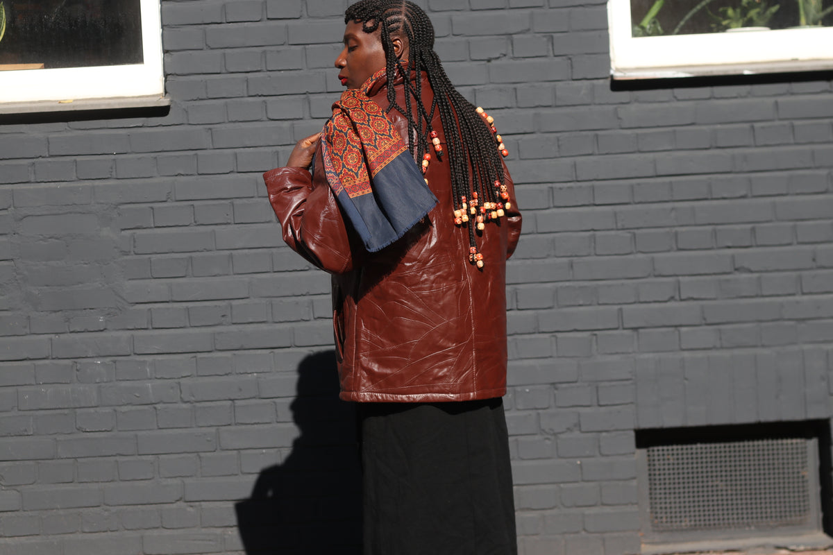 Vintage Brown Leather Jacket - 90s Minimalist Zip Coat - L