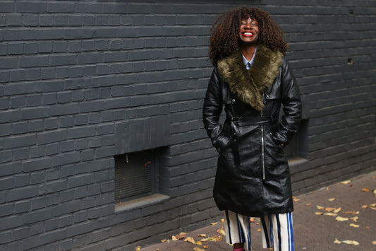 Vintage Black Faux Leather Trench Coat | Y2k Detachable Fur Collar XS-S