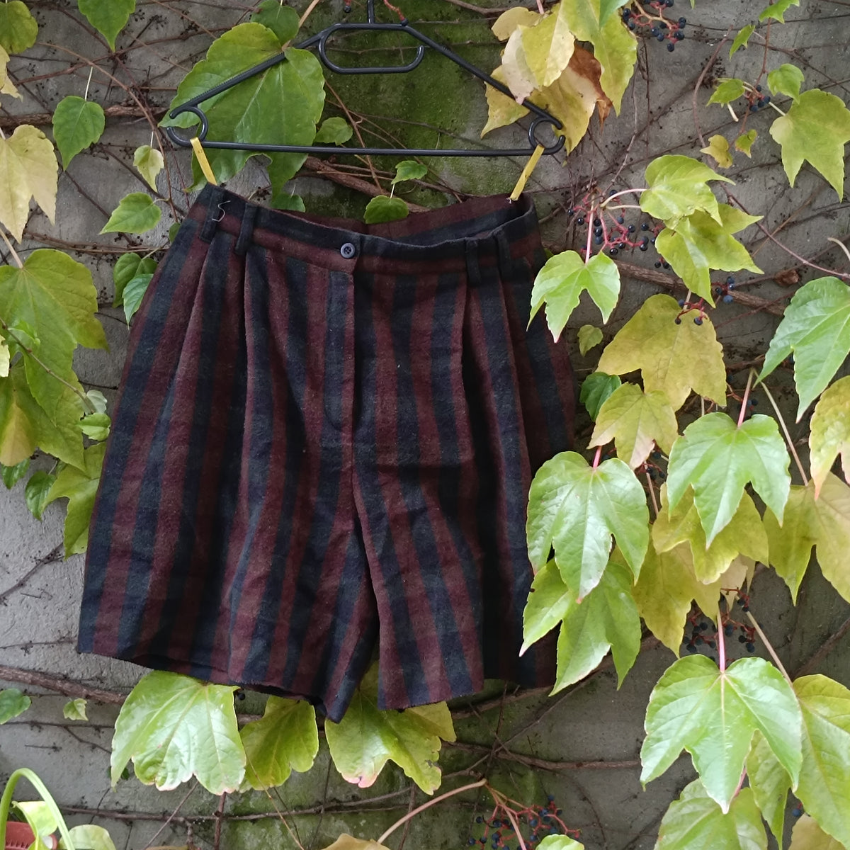 Wool Cashmere Shorts | Vintage 90s Striped Pleated Bermudas | Burgundy Dark Grey XS to S